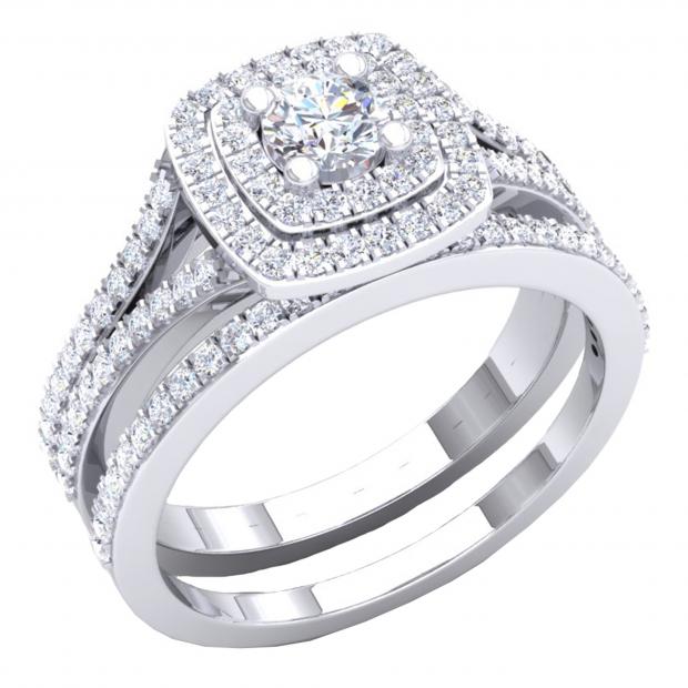 4mm Center Round Lab Grown Diamond Halo Split Shank Wedding Ring Set for Her (0.87 ctw, Color H-I, Clarity SI2) in 18K White Gold