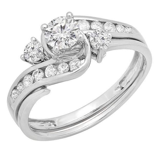 1.00 Carat (ctw) 10K White Gold Round Lab Grown White Diamond Ladies Swirl Engagement Ring Set 1 CT