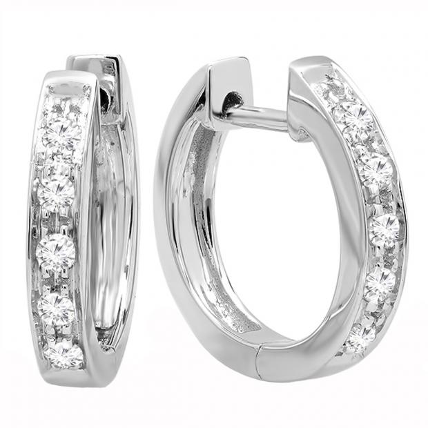 0.12 Carat (ctw) 10K White Gold Round Lab Grown White Diamond Ladies Huggie Hoop Earrings