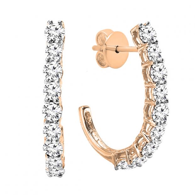 0.40 Carat (ctw) 18K Rose Gold Round Lab Grown White Diamonds Ladies J Shaped Hoop Earrings 1/2 CT
