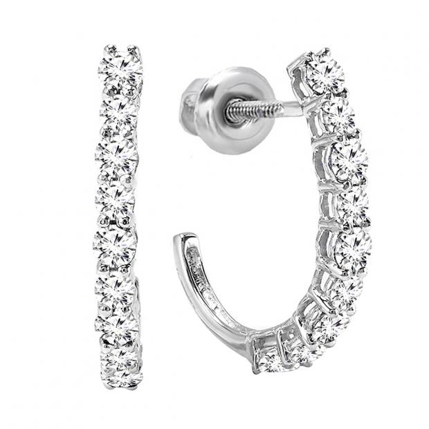 0.40 Carat (ctw) 18K White Gold Round Lab Grown White Diamonds Ladies J Shaped Hoop Earrings 1/2 CT