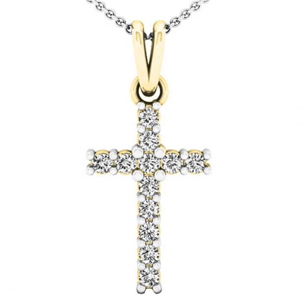 0.15 Carat (ctw) 10K Yellow Gold Round Lab Grown Diamond Ladies Cross Pendant With Silver Chain