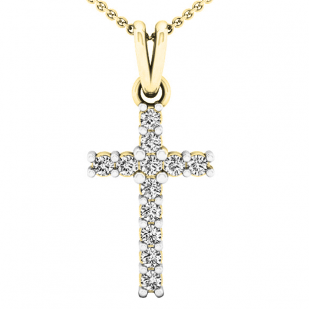 0.15 Carat (ctw) 10K Yellow Gold Round Lab Grown Diamond Ladies Cross Pendant With Gold Chain