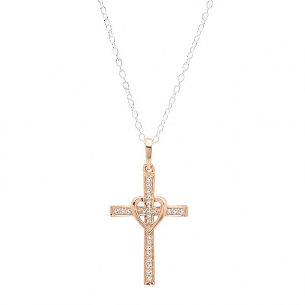 0.20 Carat (ctw) 14K Rose Gold Round Lab Grown White Diamond Ladies Cross Pendant 1/5 CT