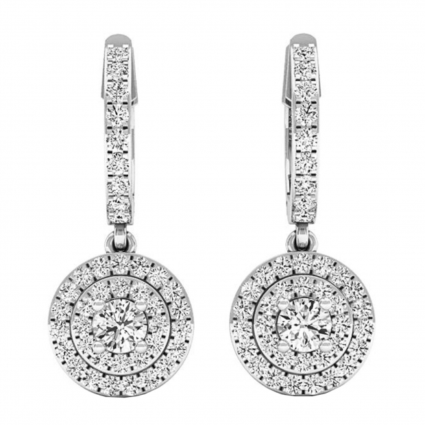 1.00 Carat (ctw) 18K White Gold Round Lab Grown White Diamond Ladies Halo Dangling Earrings 1 CT