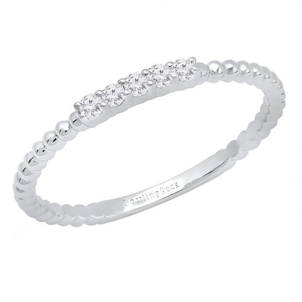 0.10 Carat (ctw) 10K White Gold Round Lab Grown White Diamond Ladies Beaded Wedding Band 1/10 CT