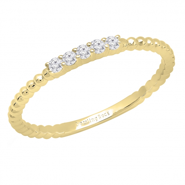 0.10 Carat (ctw) 14K Yellow Gold Round Lab Grown White Diamond Ladies Beaded Wedding Band 1/10 CT