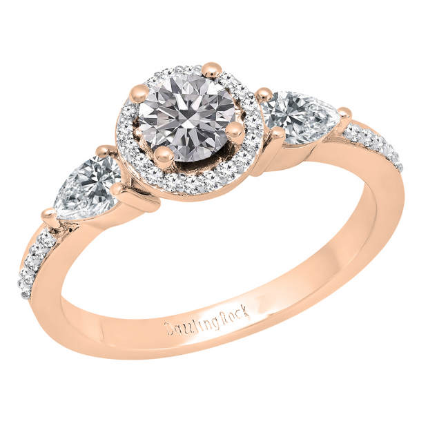 14K Rose Gold Round Lab Grown Diamond & Pear White Sapphire Ladies 3 Stone Engagement Ring