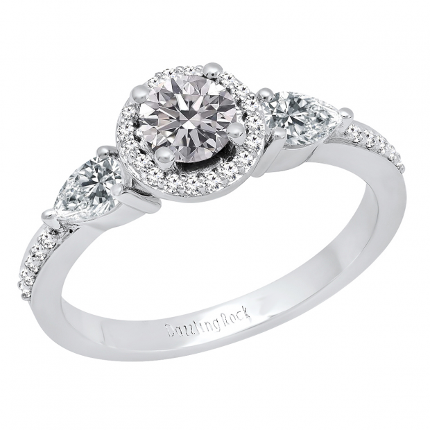 18K White Gold Round Lab Grown Diamond & Pear White Sapphire Ladies 3 Stone Engagement Ring