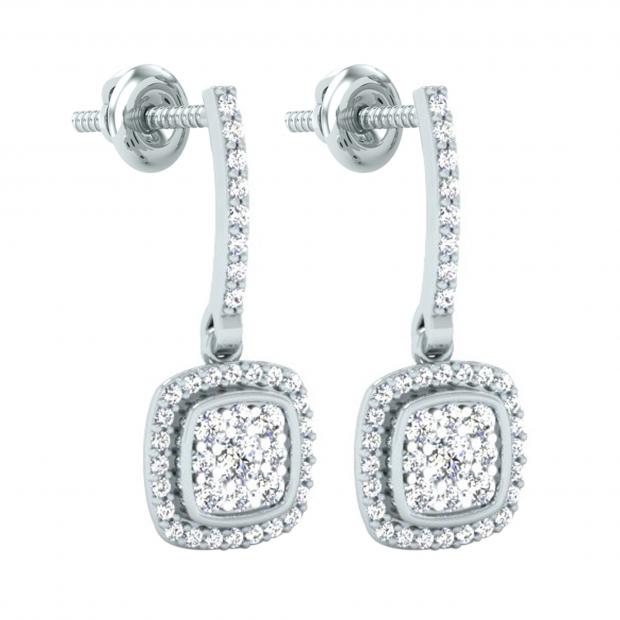 Round Lab Grown White Diamond Cushion Cluster Dangle Stud Earrings for Women (0.40 ctw, Color H-I, Clarity SI2) in 18K White Gold in Screw Back