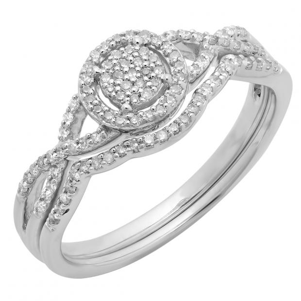 0.25 Carat (ctw) 10K White Gold Round Lab Grown Diamond Ladies Twisted Engagement Ring Set 1/4 CT