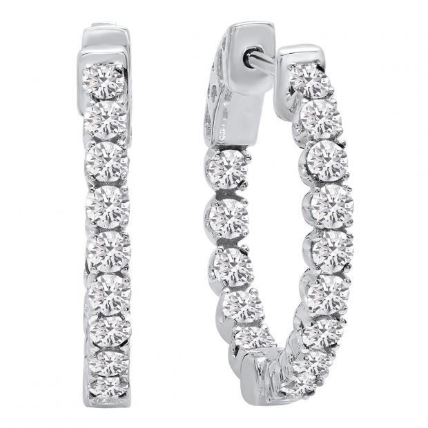 1.30 Carat (ctw) 10K White Gold Round Lab Grown White Diamond Ladies Hoop Earrings