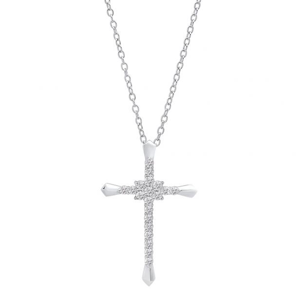 0.35 Carat (cttw) Round Diamond Ladies Cross Pendant 1/3 CT (Silver Chain Included) 10K White Gold