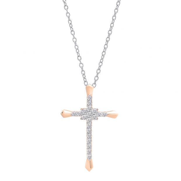 0.35 Carat (cttw) Round Diamond Ladies Cross Pendant 1/3 CT (Silver Chain Included) 14K Rose Gold
