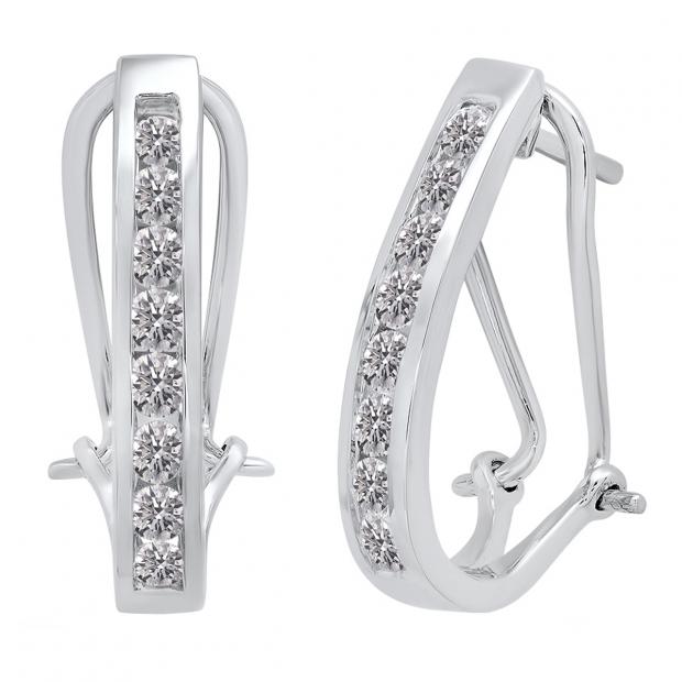 1.05 Carat (cttw) Round Lab Grown White Diamond Ladies J Shape Hoop Earrings 1 CT 10K White Gold