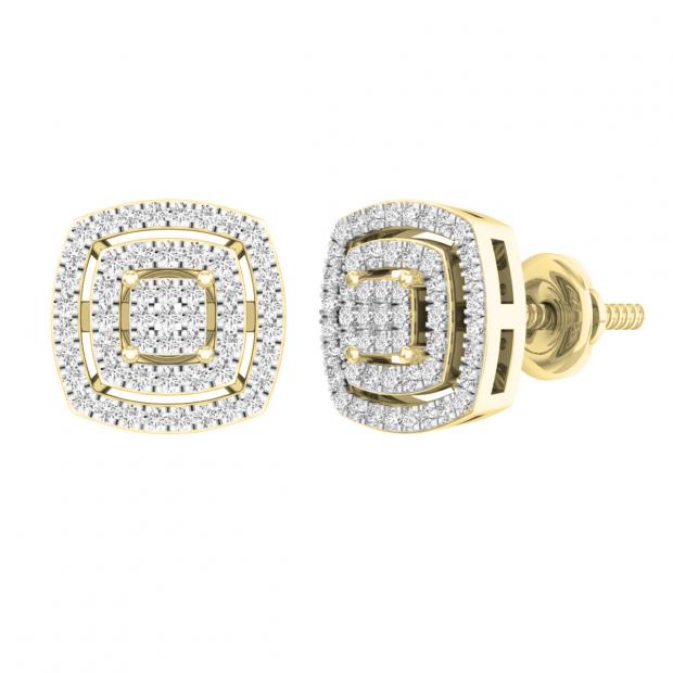 0.30 Carat (cttw) Round Lab Grown White Diamond Ladies Double Cushion Frame Stud Earrings 1/3 CT 14K Yellow Gold