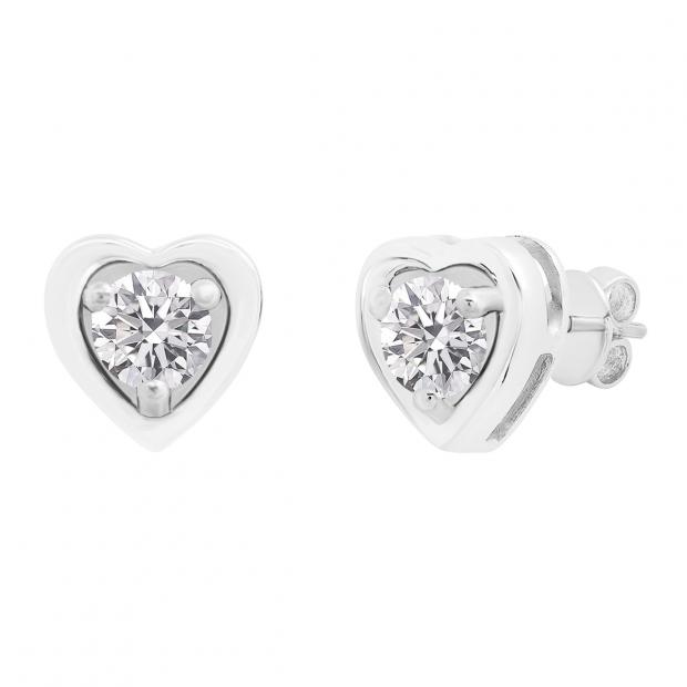 0.80 Carat (cttw) Round Lab Grown White Diamond Ladies Solitaire Heart Shaped Stud Earrings 14K White Gold