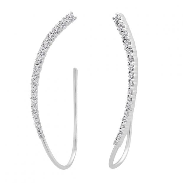 0.60 Carat (cttw) Round Lab Grown White Diamond Ladies Curved Crawler Earrings Sterling Silver