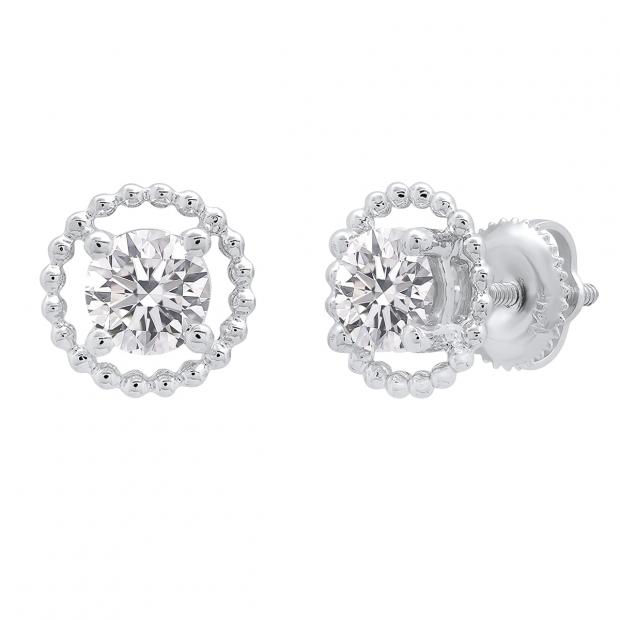 1.80 Carat (cttw) Round Lab Grown White Diamond Ladies Beaded Style Solitaire Stud Earrings 18K White Gold