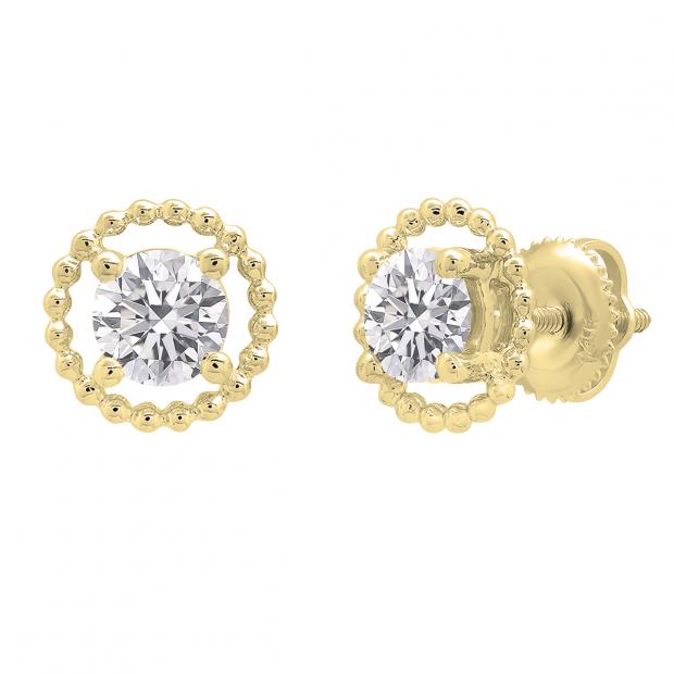 1.80 Carat (cttw) Round Lab Grown White Diamond Ladies Beaded Style Solitaire Stud Earrings 18K Yellow Gold