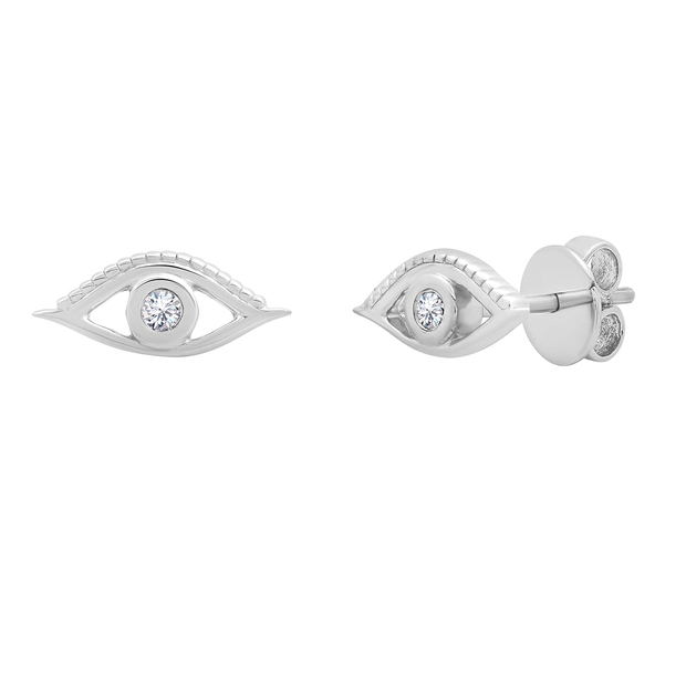 Lab Grown White Diamond Evil Eye Solitaire Pushback Stud Earrings (0.03 ctw Color H-I Clarity SI2) for Women in 10K White Gold