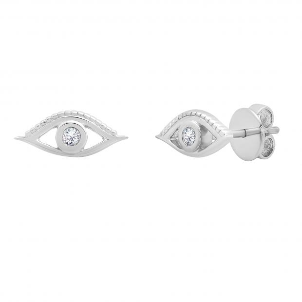 0.03 Carat (ctw) Round Lab Grown White Diamond Evil Eye Solitaire Stud Earrings Sterling Silver