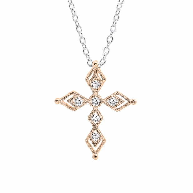 0.15 Carat (ctw) Round Lab Grown White Diamond Ladies Vintage Style Cross Pendant 10K Rose Gold