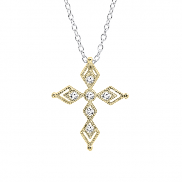 0.15 Carat (ctw) Round Lab Grown White Diamond Ladies Vintage Style Cross Pendant 10K Yellow Gold