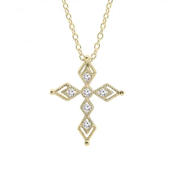 0.15 Carat (ctw) Round Lab Grown White Diamond Ladies Vintage Style Cross Pendant 10K Yellow Gold