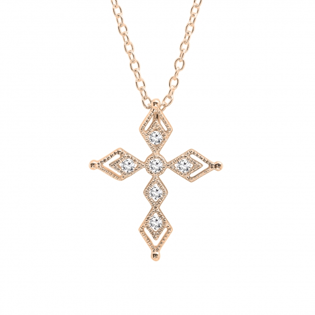 0.15 Carat (ctw) Round Lab Grown White Diamond Ladies Vintage Style Cross Pendant 18K Rose Gold