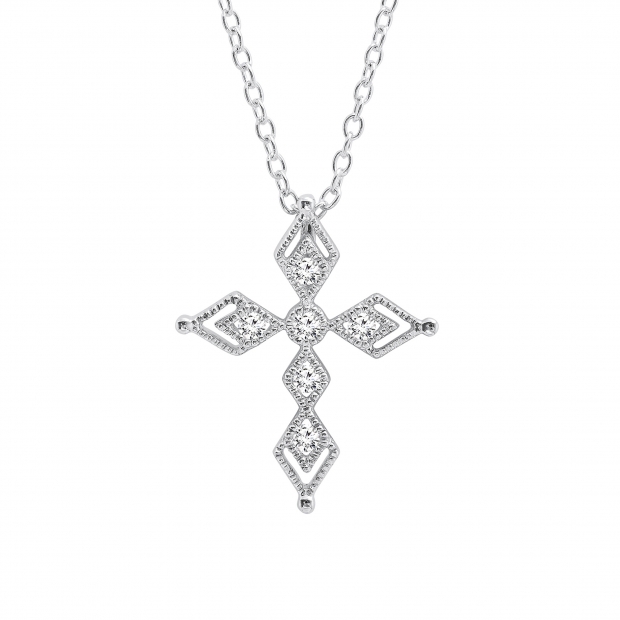 0.15 Carat (ctw) Round Lab Grown White Diamond Ladies Vintage Style Cross Pendant Sterling Silver