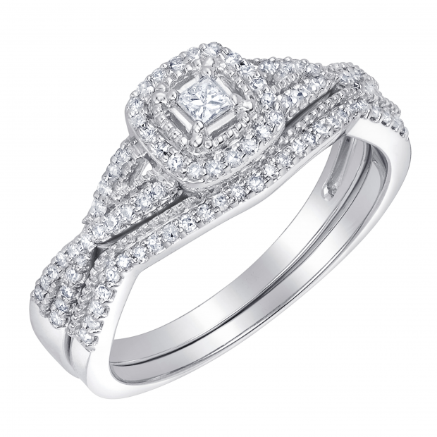 0.35 Carat (ctw) Princess & Round Lab Grown Diamond Halo Bridal Ring Set 1/3 CT 10K White Gold