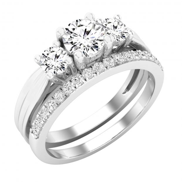 1.15 Carat (ctw) Round Lab Grown White Diamond Ladies 3 Stone Engagement Ring Set 14K White Gold