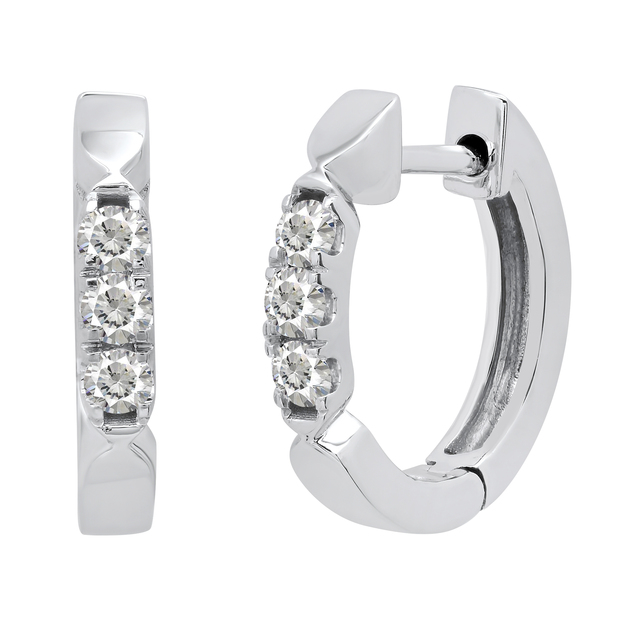 0.20 Carat (ctw) Round Lab Grown Diamond Ladies 3 Stone Huggies Hoop Earrings 1/5 CT 10K White Gold