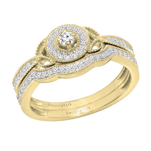 0.31 Carat (ctw) Round Lab Grown Diamond Ladies Vintage Engagement Ring Set 1/3 CT 18K Yellow Gold