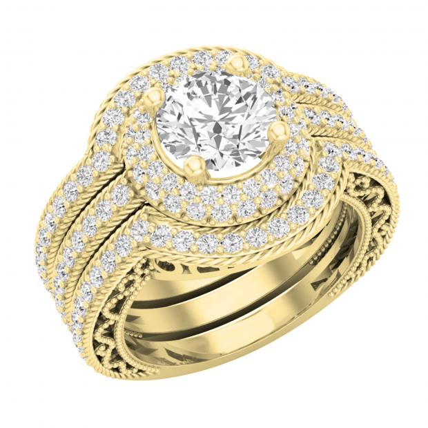 2.70 Carat (ctw) Round Lab Grown White Diamond Halo Bridal Trio Wedding Ring Set 14K Yellow Gold