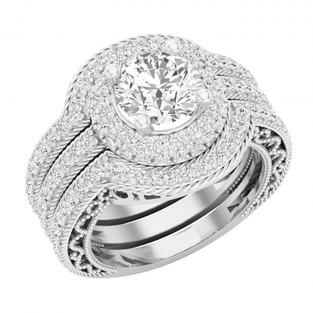 2.70 Carat (ctw) Round Lab Grown White Diamond Halo Bridal Trio Wedding Ring Set Sterling Silver