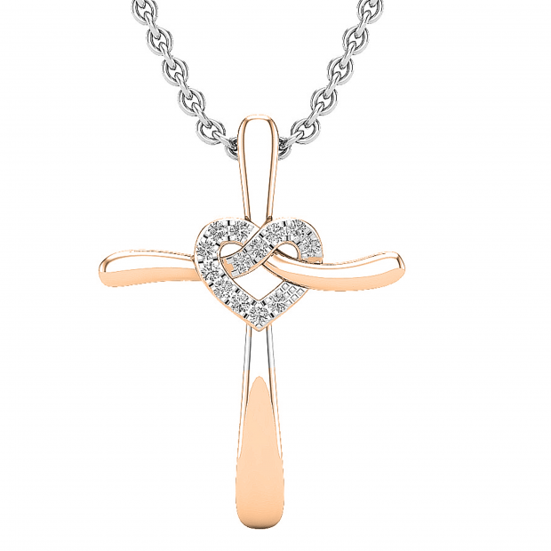 0.05 Carat (ctw) Round Lab Grown Diamond Ladies Heart with Cross Pendant 14K Rose Gold