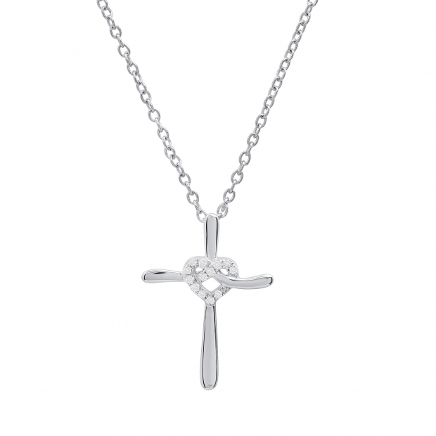 0.05 Carat (ctw) Round Lab Grown Diamond Ladies Heart with Cross Pendant Sterling Silver