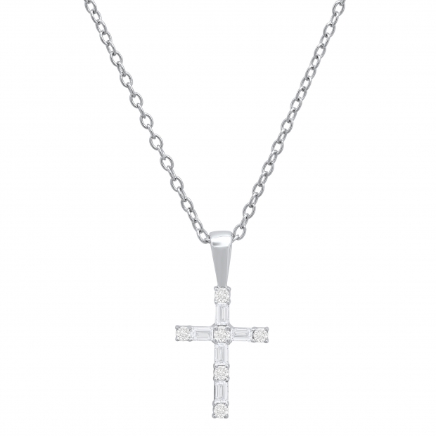 0.25 Carat (ctw) Round & Baguette Lab Grown Diamond Ladies Cross Religious Pendant 1/4 CT Sterling Silver