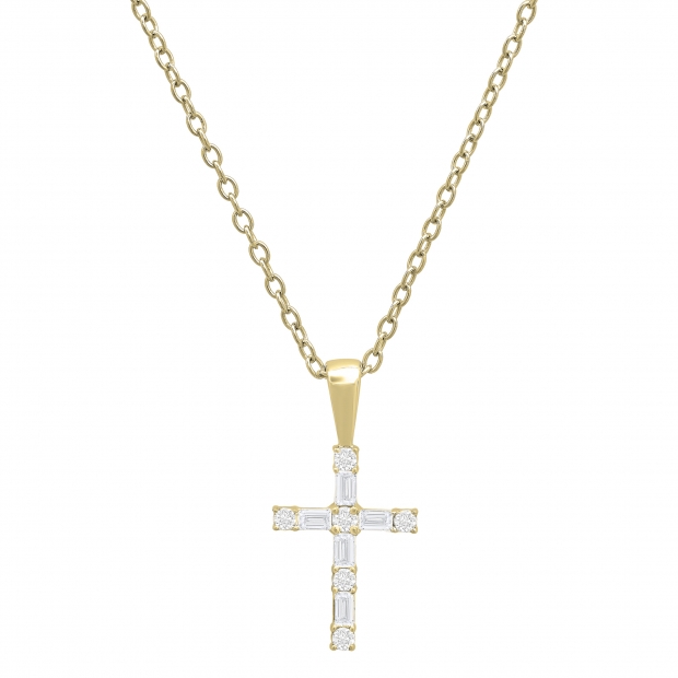 0.25 Carat (ctw) Round & Baguette Lab Grown Diamond Ladies Cross Religious Pendant 1/4 CT 18K Yellow Gold