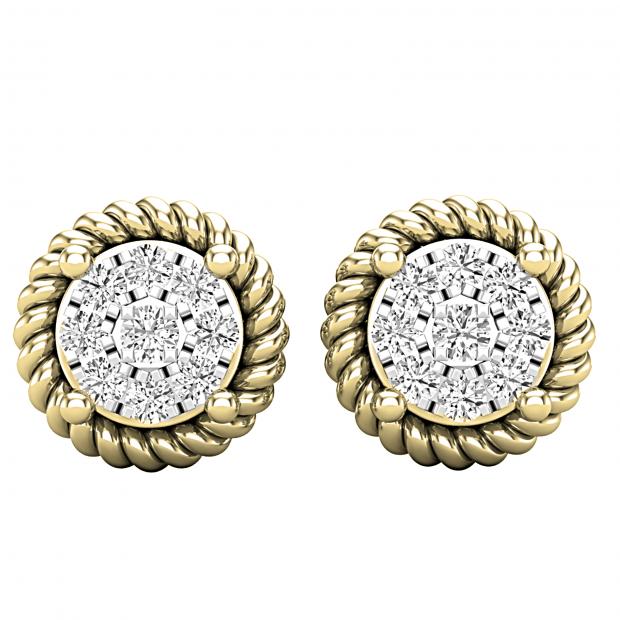 0.10 Carat (ctw) Round Lab Grown Diamond Ladies Rope Frame Stud Earrings 1/10 CT 18K Yellow Gold