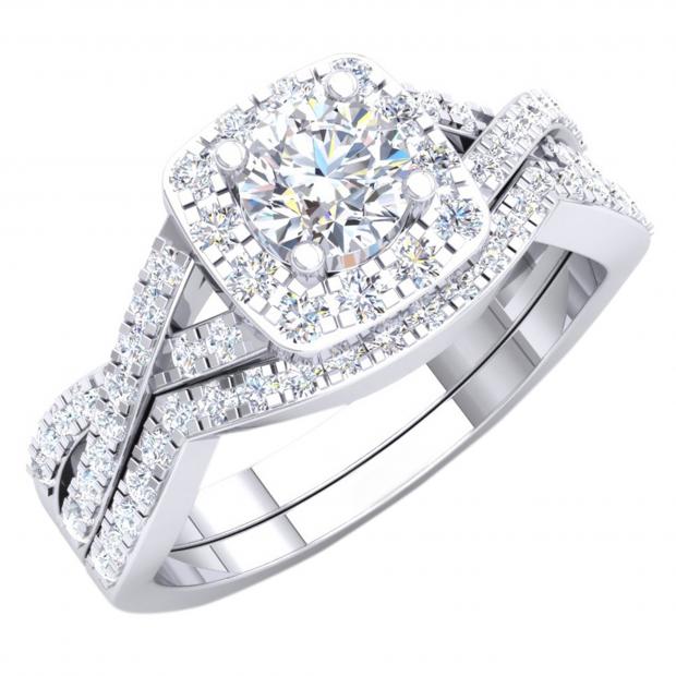 5mm Center Round Lab Grown White Diamond Halo Cushion Shaped Criss Cross Wedding Ring Set for Women (1.00 ctw, Color H-I, Clarity SI2) in 925 Sterling Silver