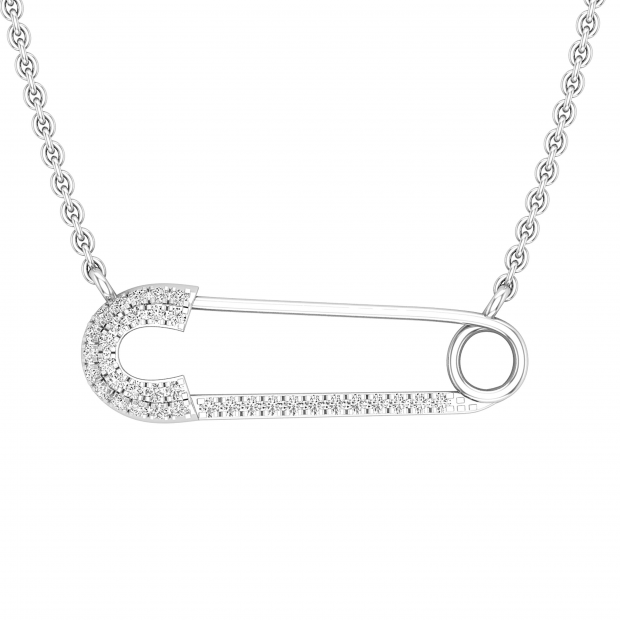 0.20 Carat (ctw) Round Lab Grown White Diamond Horizontal Safety Pin Pendant for Women with 18 Inch Gold Chain | 18K White Gold