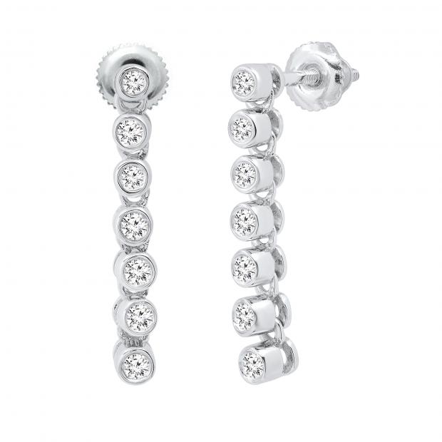 Round Lab Grown White Diamond Ladies Screw Back Long Bezel Set Dangling Earrings (0.26 ctw Color H-I Clarity Slightly Included) | 925 Sterling Silver