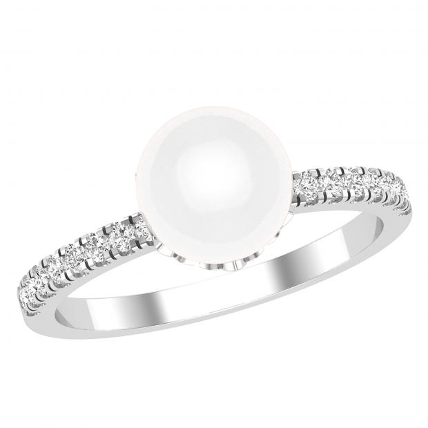 8 mm Round White Freshwater Pearl & Lab Grown Diamond Women Dainty Engagement Ring | 14K White Gold