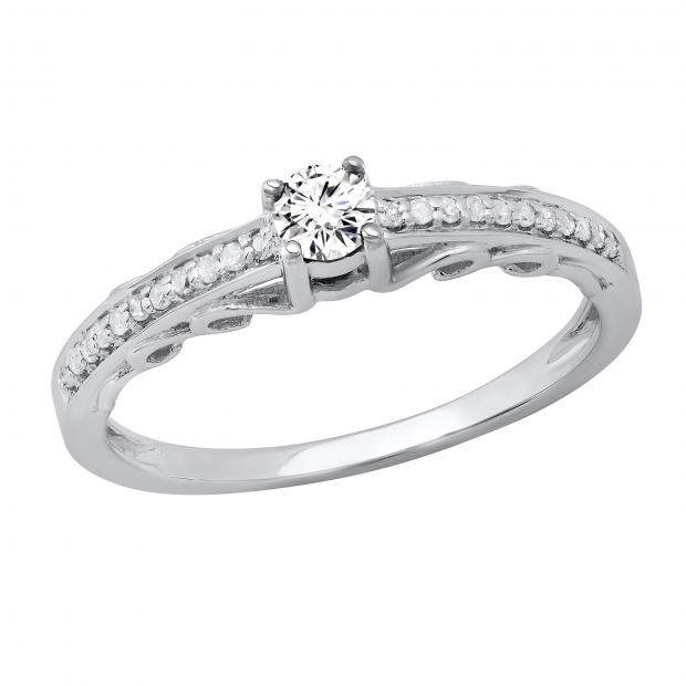 0.30 Carat (ctw) Round Lab Grown White Diamond with Accent Wedding Ring for Her | 10K White Gold