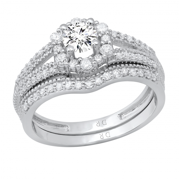 0.98 Carat (ctw) Round Lab Grown White Diamond Wedding Ring Set for Women 1 CT | 925 Sterling Silver