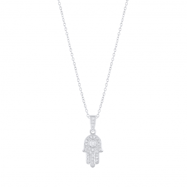 0.17 Carat (ctw) Round Lab Grown Ladies Round White Diamond Hamsa Hand of Fatima Charm Pendant | 925 Sterling Silver