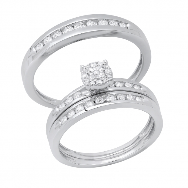 Round Lab Grown White Diamond Cluster Wedding Trio Ensemble Set for Him & Her (0.49 ctw Color H-I Clarity SI2) in 925 Sterling Silver